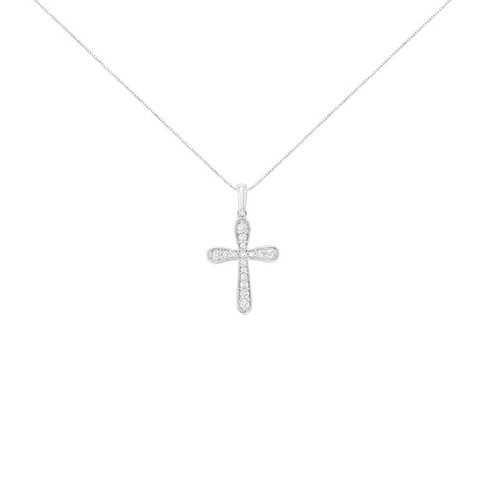 Front view of a white metal cross-shaped necklace pendant with small round white gemstones in prong settings, suspended on a fine chain against a white background.