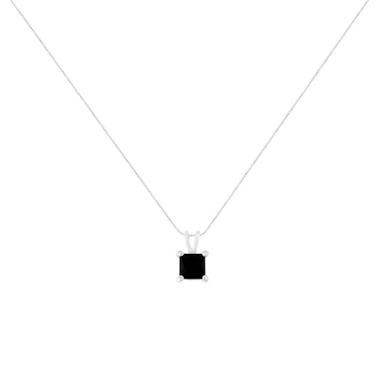 Front view of a white metal necklace with a solitaire black square-shaped gemstone in a prong setting.