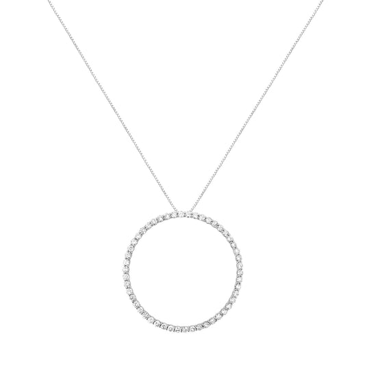 Front view of a white metal necklace with a circular pendant adorned with round white gemstones in prong settings.