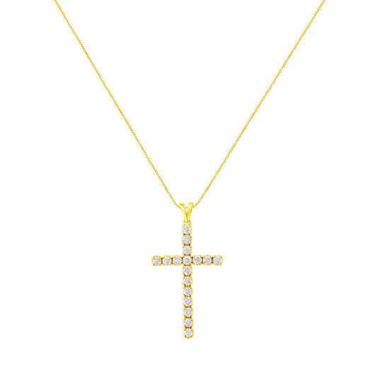 Front view of a yellow metal necklace with a cross-shaped pendant featuring round white gemstones in prong settings.