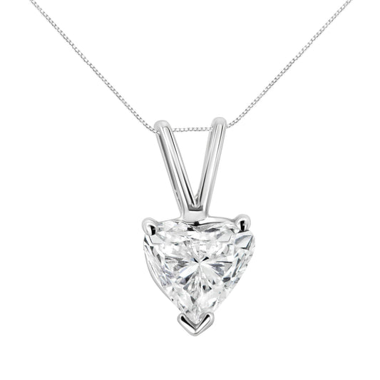 Front-facing close-up of a white metal necklace with a heart-shaped white gemstone pendant in a three-prong setting.