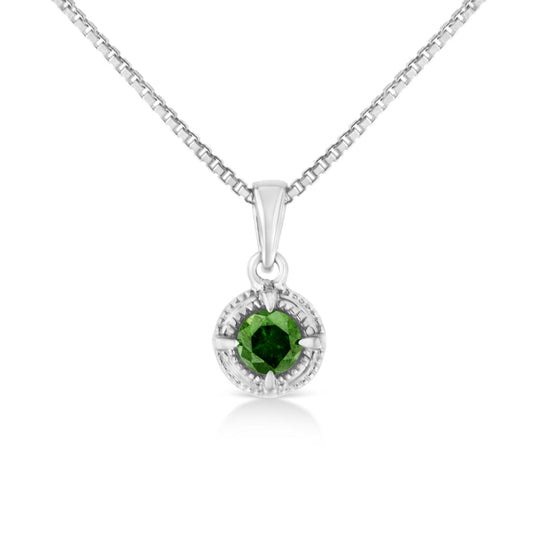 Front view of a white metal necklace with a round green gemstone in a four-prong setting pendant.
