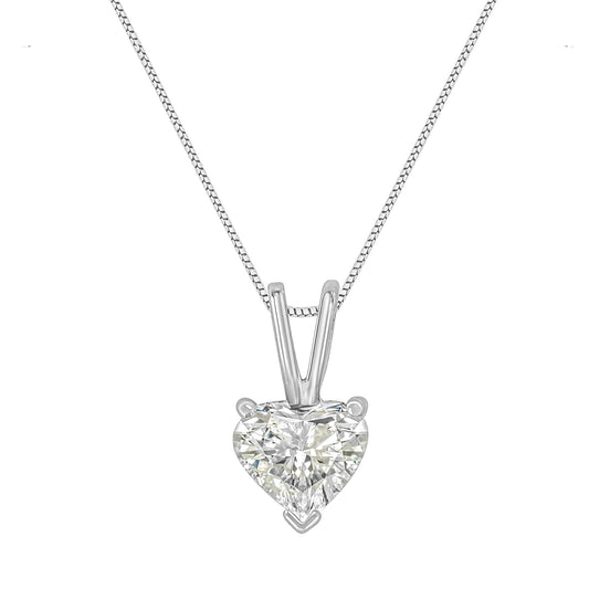 Front view of a white-colored necklace with a heart-shaped pendant featuring a single white gemstone in a prong setting.