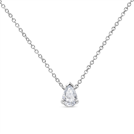 Front view of a white metal necklace with a pear-shaped white gemstone pendant in prong setting.