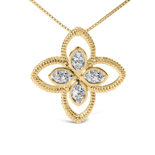 Front-facing shot of a yellow metal necklace featuring a flower-shaped pendant with textured petals and four marquise-shaped clusters of white gemstones in prong settings.