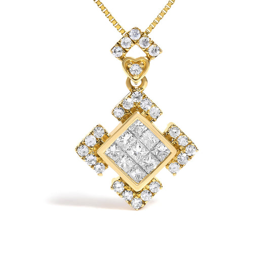 10K Yellow Gold 3/8 Cttw Princess Diamond Geometric Pendant Necklace