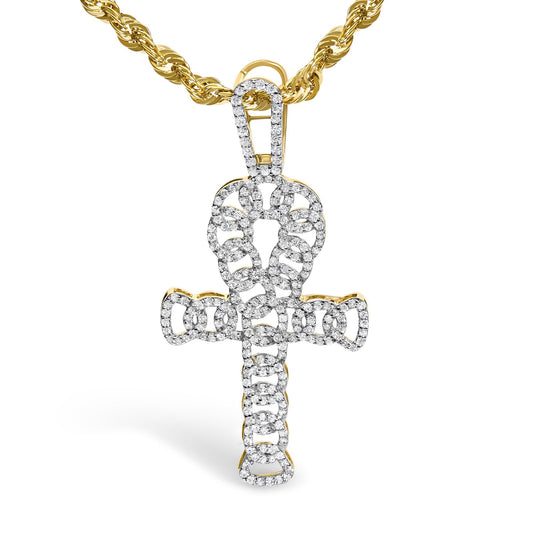 Front angle view of a yellow metal necklace with a cross-shaped pendant featuring an intricate linked design adorned with round white gemstones in prong settings.