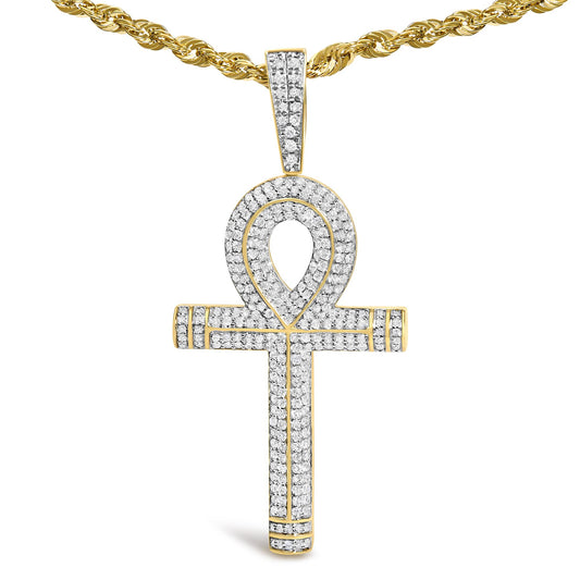 Yellow metal necklace with an ankh-shaped pendant, featuring white round gemstones in prong settings, shown from a front angle against a white background.