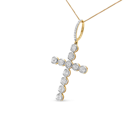 Yellow metal necklace with cross-shaped pendant featuring round white gemstones in prong settings, shown at a slight angle.