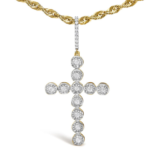 Yellow metal necklace with cross-shaped pendant featuring round white gemstones in prong settings, shown at a slight angle.