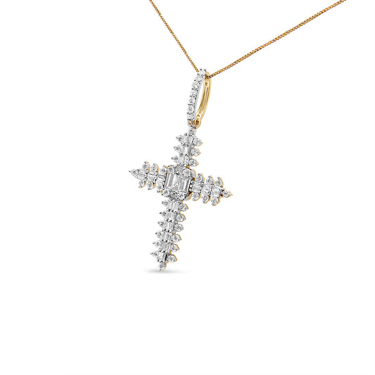 Yellow metal cross necklace with white round and baguette gemstones, shown from a front angled view on a white background.