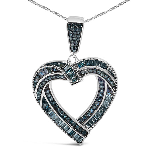 Close-up front view of a white metal heart-shaped necklace pendant adorned with round prong-set blue gemstones and baguette channel-set blue gemstones, shown on a white background.