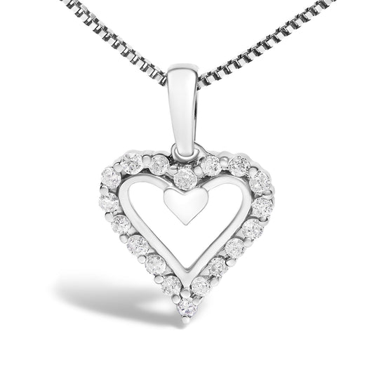 Front view of a white metal heart-shaped necklace pendant with an inner solid heart and surrounding round white gemstones in prong settings.