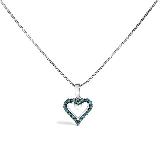 Front view of a white metal heart-shaped necklace pendant with round blue gemstones in prong settings along the border, hanging from a white metal chain.