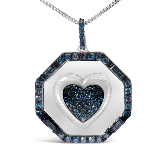 Close-up front view of a white necklace pendant with an octagonal frame encrusted with blue round and baguette-shaped gemstones, featuring a raised heart shape in the center filled with blue round gemstones.