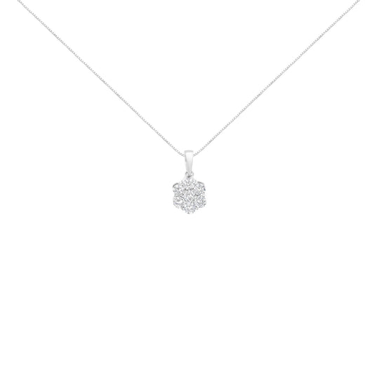 Front-facing shot of a white metal necklace with a flower-shaped pendant featuring round white gemstones in prong settings.