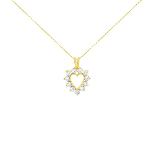 Front view of yellow necklace with heart-shaped pendant surrounded by round prong-set brownish gemstones.