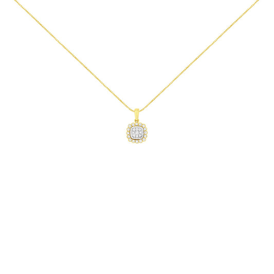 Front-facing shot of a yellow metal necklace with a square-shaped pendant featuring multiple round white gemstones in prong settings.