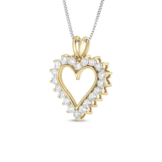 Yellow metal heart-shaped pendant necklace with prong-set round white gemstones, shown in a front close-up angle.