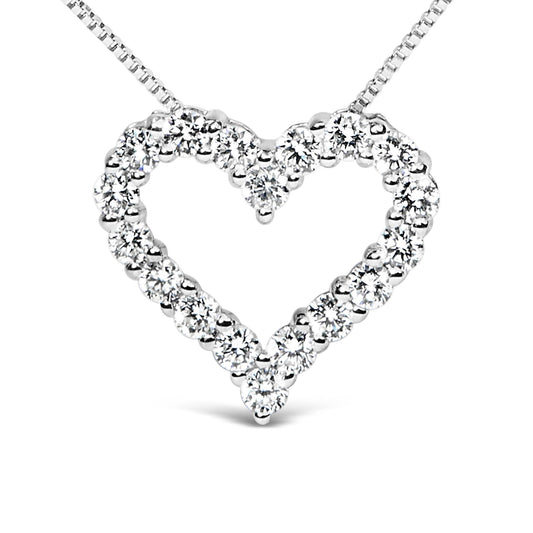 Front-facing close-up of a white metal heart-shaped necklace pendant set with round white gemstones in prong settings.