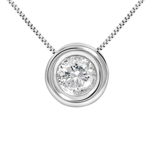Close-up front view of a white necklace with a round white gemstone in a bezel setting pendant.