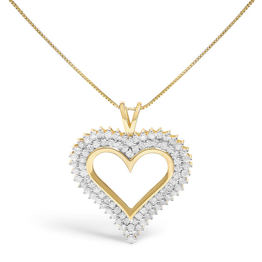 Front view of a yellow metal heart-shaped necklace pendant with two rows of round white gemstones in prong settings along the outer edge, hanging from a yellow metal chain.