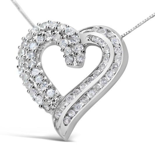 Close-up front angle of a white metal heart-shaped necklace pendant featuring round white gemstones in prong and channel settings.