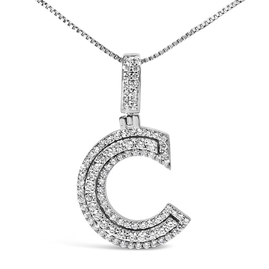 Close-up front view of a white metal necklace pendant shaped like a stylized letter 'C' adorned with multiple rows of small round white gemstones in prong settings, hanging from a white metal chain.