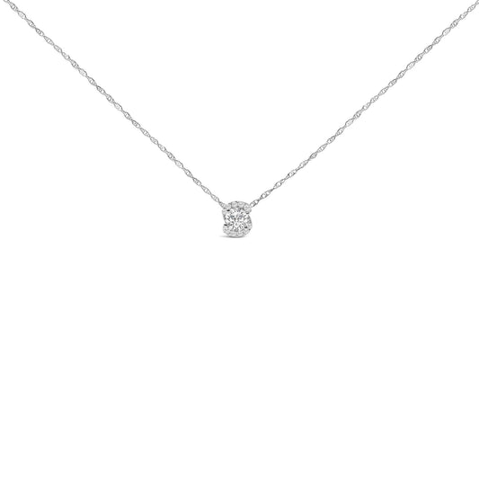 White necklace with a central cluster of round white gemstones in prong settings, shown in a front-facing close-up.