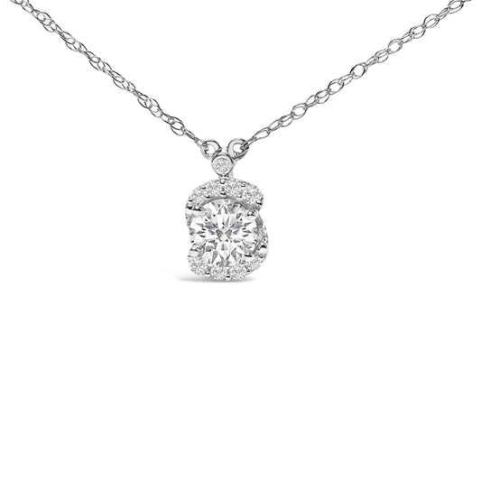 White metal necklace shown in a close-up front view with a pendant featuring a large round white gemstone surrounded by multiple smaller round white gemstones, all set in prongs.