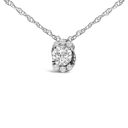 Close-up front view of a white metal necklace with a pendant featuring one large round white gemstone surrounded by six smaller round white gemstones in prong settings.