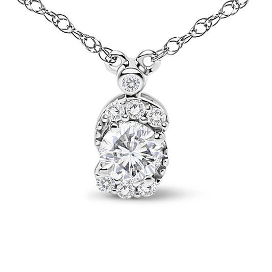 Close-up front view of a white metal necklace with a pendant featuring one large round white gemstone surrounded by multiple smaller round white gemstones, all in prong settings. The pendant is shown hanging on a chain.