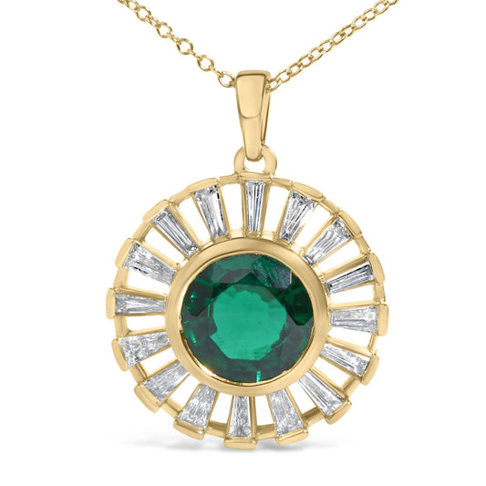 14K Yellow Gold Plated Sterling Silver Lab Grown Emerald and Baguette Diamond Sunburst Medallion Pendant Necklace