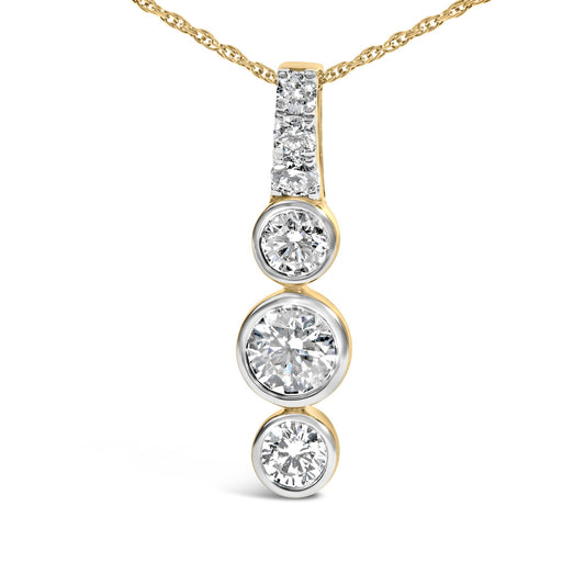 Front view of vertical drop pendant necklace with prong-set and bezel-set round lab-grown diamonds