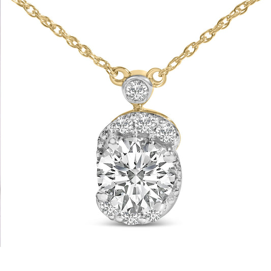 Front view of a 10K yellow gold plated .925 sterling silver necklace showcasing a lab grown diamond galaxy halo pendant
