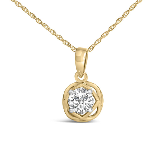 Front view of 10K yellow gold plated .925 sterling silver lab grown diamond openwork pendant necklace on white background