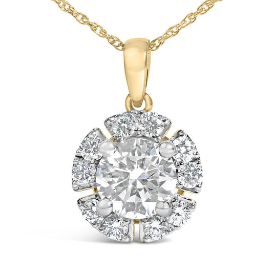 Front view of 10K yellow gold plated .925 sterling silver lab grown diamond spoked halo pendant necklace on white background