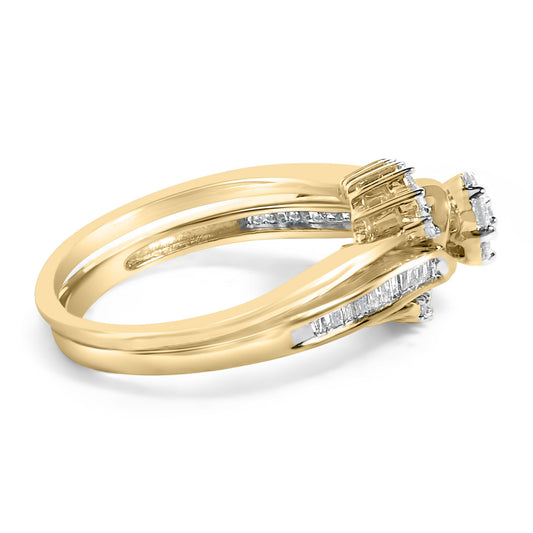 Close-up side angle of a yellow and white ring featuring two bands with channel-set baguette white gemstones along the sides and cluster-set round white gemstones on top.