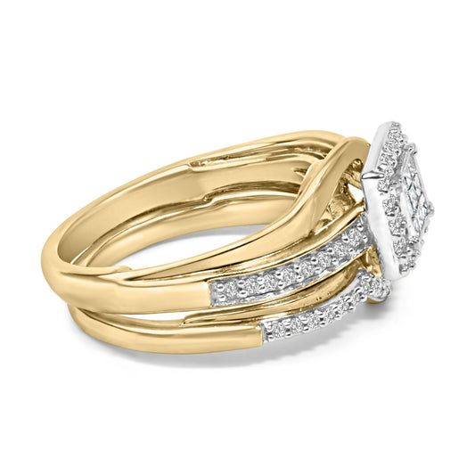 Close-up side angle of a yellow and white metal ring featuring a square cluster of white princess-shaped gemstones with invisible setting, bordered by pavé-set round white gemstones on the band.