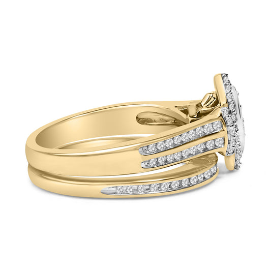 Close-up side angle of a yellow and white metal ring with multiple rows of small white gemstones set along the band and around a raised central cluster.