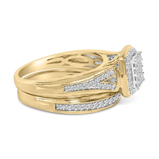 Close-up side angle of a yellow and white metal ring featuring a square cluster of white gemstones on top and additional white gemstones decorating the split band.