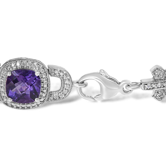Close-up angled view of a white bracelet clasp featuring a purple cushion-shaped gemstone surrounded by small white round gemstones in a pave setting.