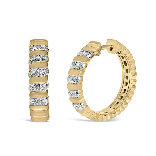 Front and side view of gold vermeil hoop earrings with ribbed gold bands alternating with pave-set white diamonds