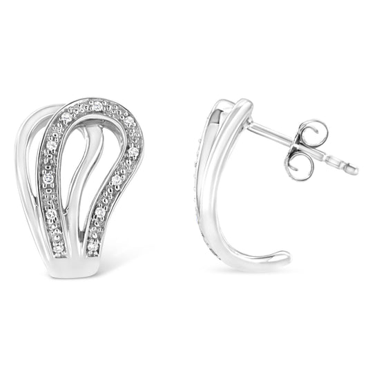 White metal earrings with a curved, open teardrop shape accented with small white gemstones in a pave setting, shown from front and side angles.