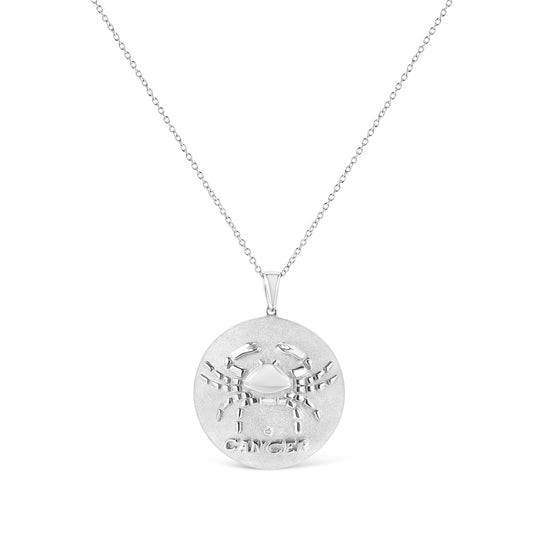 Front view of white metal necklace with round bezel-set brownish gemstone, featuring a crab design and the word 'CANCER' on a circular pendant.
