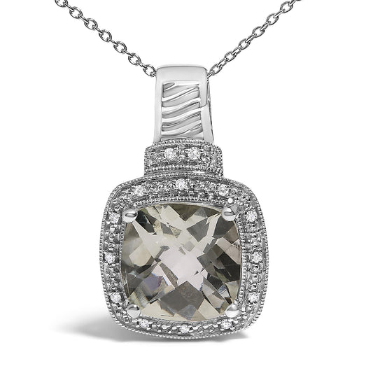 Close-up front view of a white metal necklace featuring a cushion-shaped green gemstone in a four-prong setting, surrounded by pave-set round white gemstones, shown on a white background.