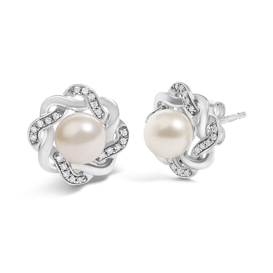 Sterling Silver Pearl and 1/10 Cttw Diamond Floral Twist Stud Earrings