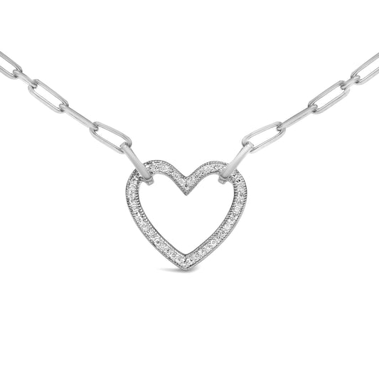 Close-up front view of a white metal necklace with a heart-shaped pendant featuring round white gemstones in a pave setting. The necklace is shown on a white background.