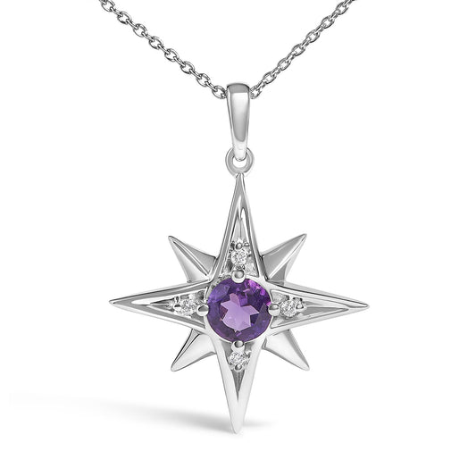Close-up front view of a white metal star-shaped necklace pendant with a round purple gemstone at the center and small round white gemstones set around it, shown on a chain.