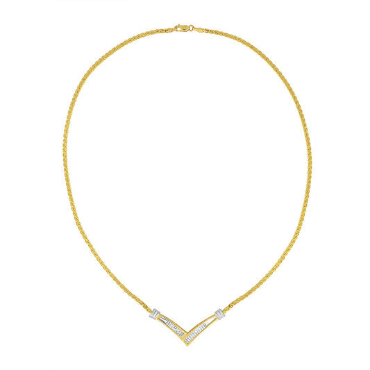 Front view of a yellow and white necklace with a V-shaped pendant featuring white princess-shaped gemstones in an invisible setting.